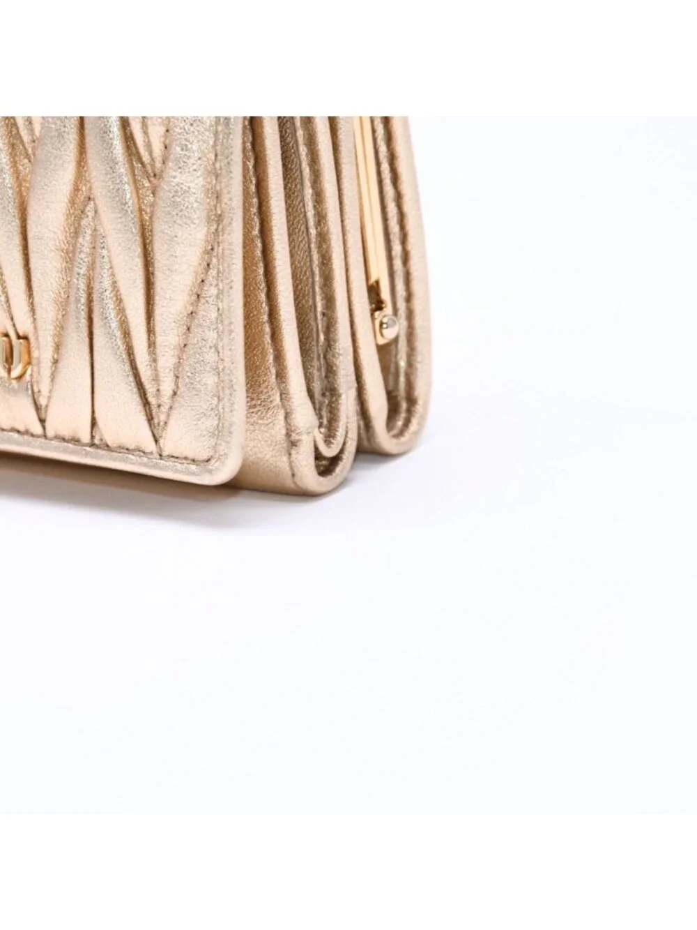 Miu Miu Matelasse Compact Wallet Trifold Gathered Gold Leather